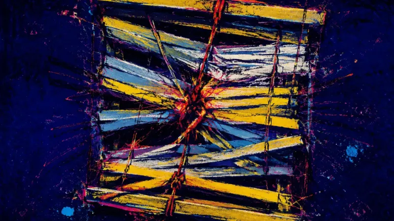 A deformed window blind bound by tangled lines represents mistrust, silent tests, and an oppressive