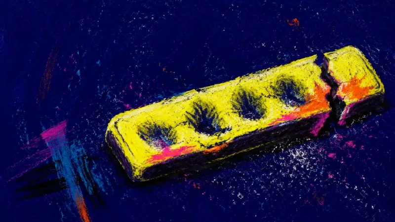Relief Worn Thin A keyboard wrist rest crushed into four deep dents and a split edge, symbolizing restless avoidancec