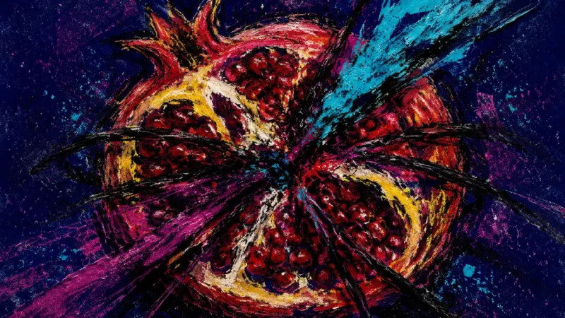 Harvest Under Audit A pomegranate crushed into tangled chambers and seed rows, representing delayed-reward procrastint