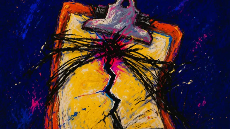 Crushed Criteria A buckled clipboard trapped in chaotic marks, representing discouragement and the belief that||||re
