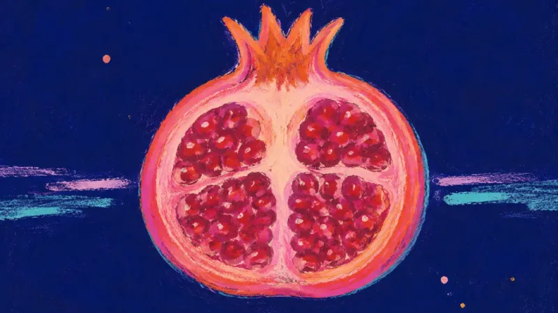 The Patient Harvest A restored pomegranate with balanced chambers and ordered seed rows, representing steady study and.P
