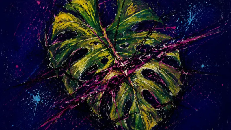 A distorted monstera leaf trapped by chaotic lines, representing resentment and dependence on appll