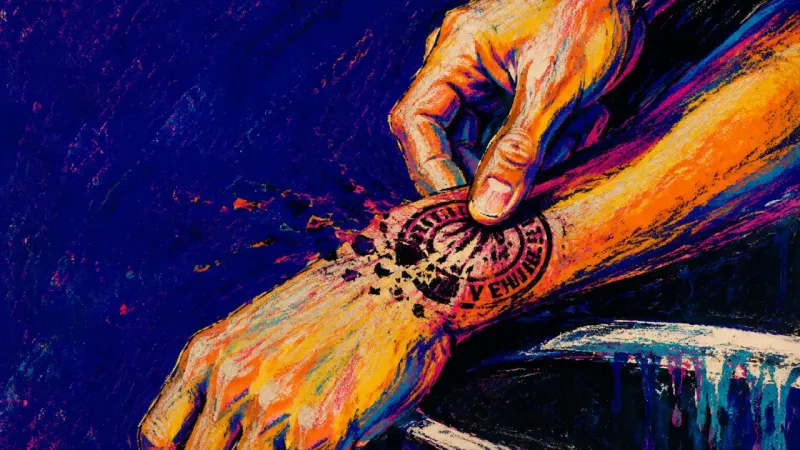 A hand scrubs a venue stamp from a rigid wrist against a basin rim, symbolizing rejection of status