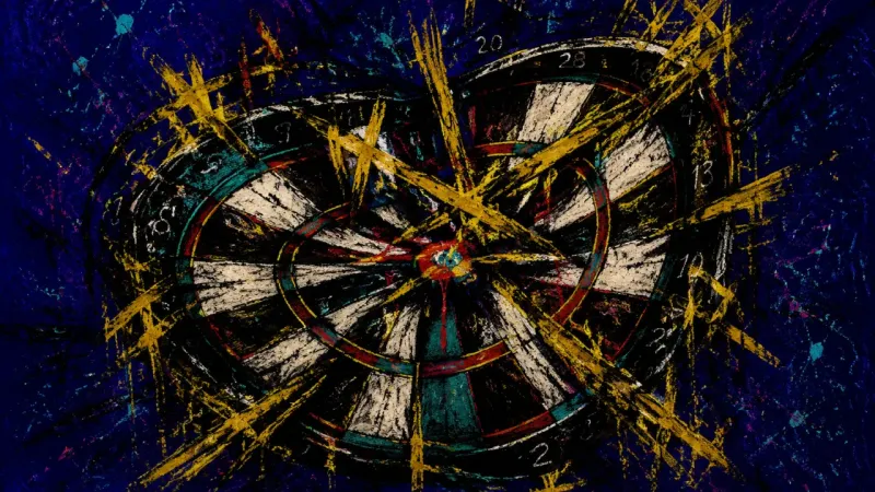 A distorted dartboard trapped by crowded score marks, representing status anxiety, covert comparison