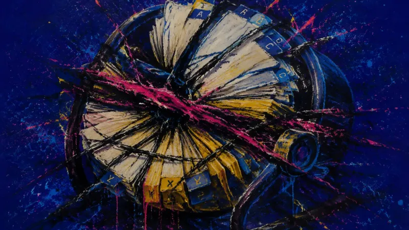 A rotary card file is crushed into opposing blocks, representing grievance collecting, moral sorting