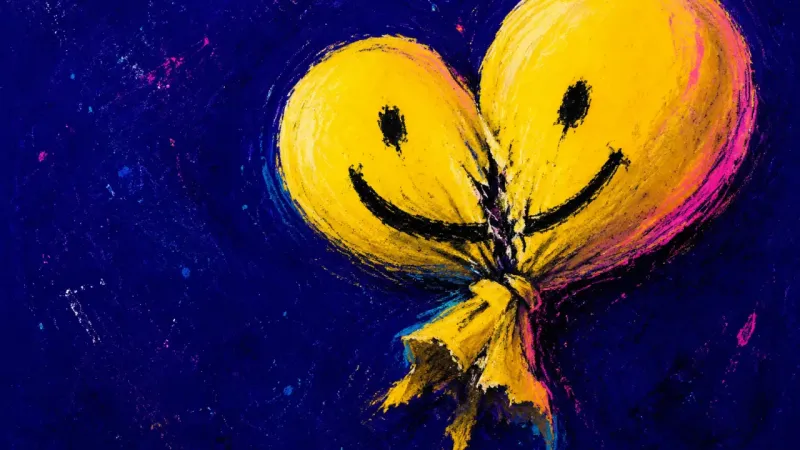 A smiling party balloon twisted into a tight knot, symbolizing how enforced positivity can silence