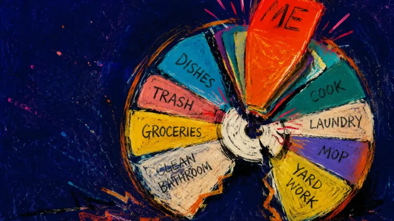 A chore wheel crushed where every task points to one name, symbolizing care performed to protect.