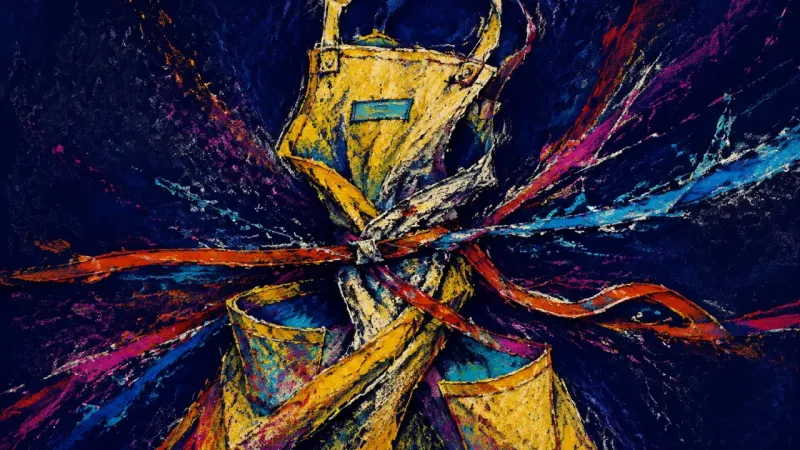 A distorted apron bound by tangled lines, representing performative care, depleted capacity, and