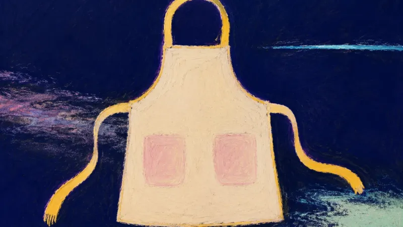 A restored apron with open ties and balanced pockets, representing sustainable care, honest limits,