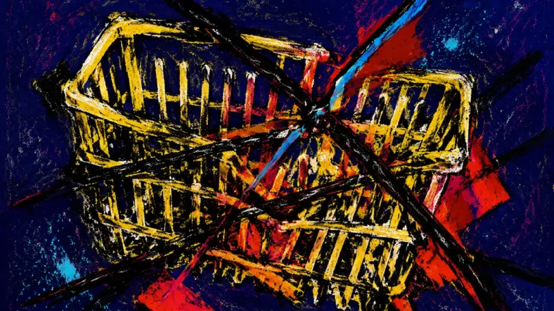 Rack Under Siege A crushed dishwasher rack tangled by dense lines, representing invisible domestic labor, chronic
