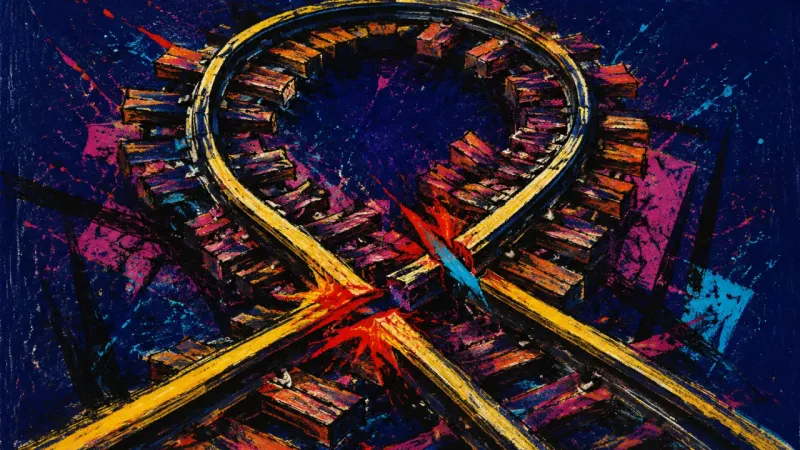 Direction Under Constraint A railway switch crushed into closed routes, representing degree sunk-cost paralysis and the sup.