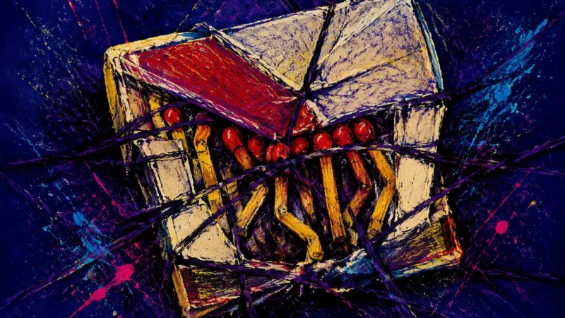 Matches Under Judgment A crushed matchbook bound by chaotic lines, representing binary self-judgment that suppresses an off