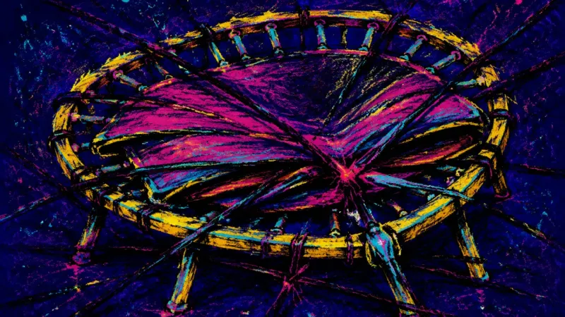 Launch Without Landing A crushed trampoline bound by chaotic lines, representing compulsive goal-setting and the inability