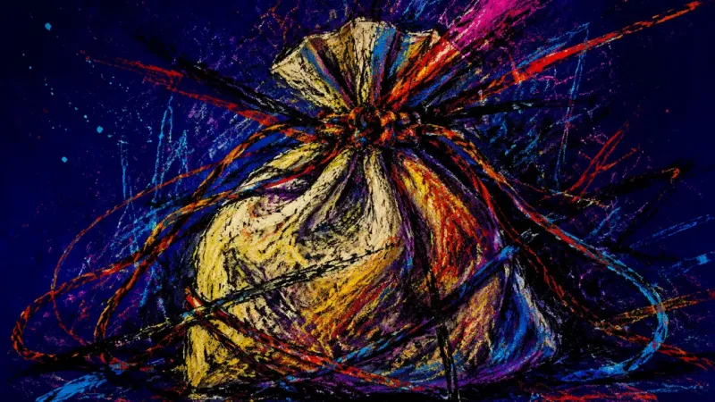 A drawstring bag crushed shut by tangled lines represents anxious self-silencing and the pressure of