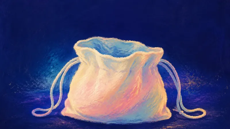 An open, balanced drawstring bag represents relationship uncertainty resolved through direct speech,