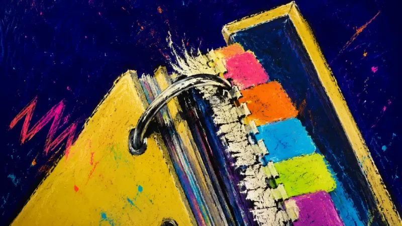 A ring binder torn by forcing every divider through one ring, symbolizing study delayed by the 