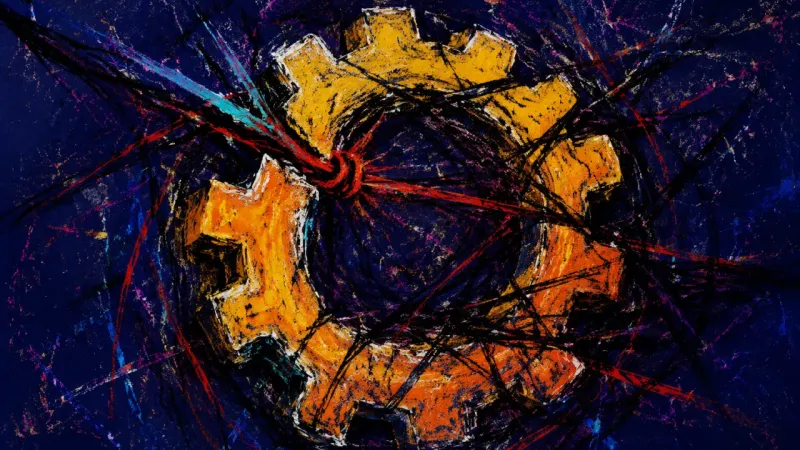 An abstract distorted gear tangled in harsh lines, representing self-erasure, relational fear, and t