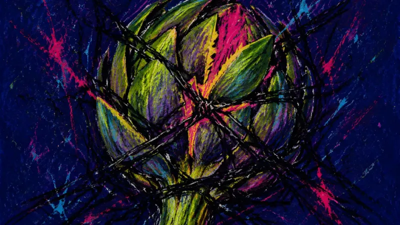 A crushed artichoke bound by crossing lines, representing family boundary collapse under escalating