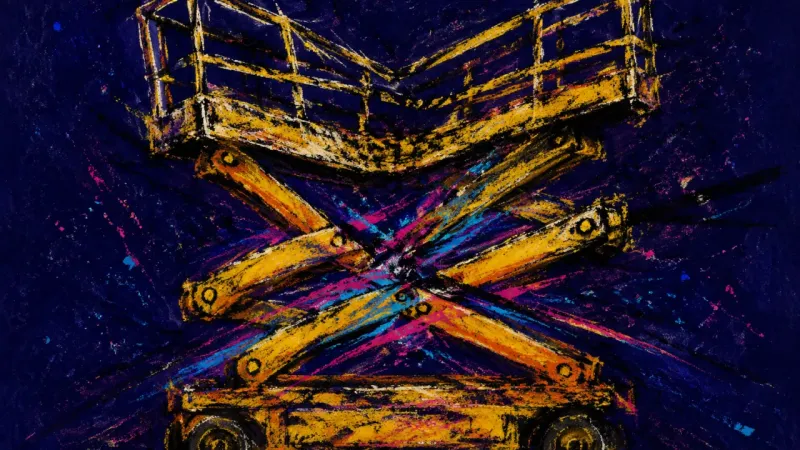 Collapsed Common Ground A crushed scissor lift tangled in dense lines, representing peacekeeper burnout and the suppression