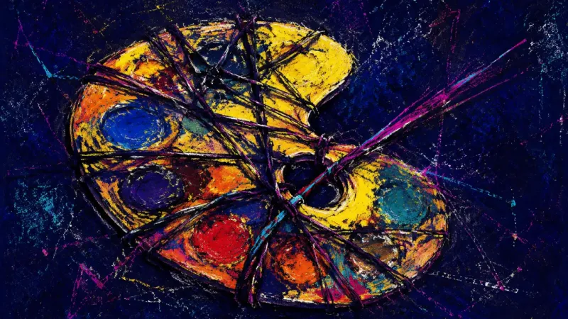 A distorted palette bound by chaotic lines, representing self-help overload, stalled practice, and a