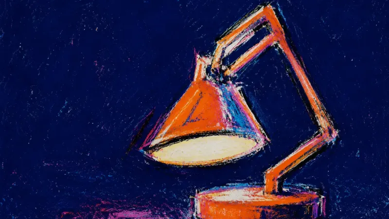 The Bent Direction A desk lamp bent back into itself, symbolizing paralysis when an uncertain transition makes forward