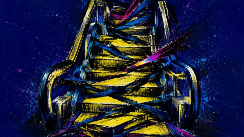 Collapsed Sequence An abstract escalator with collapsed steps and tangled rails, representing paralysis when