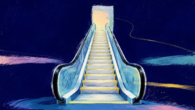 Steady Ascent An abstract escalator restored to a continuous sequence, symbolizing grounded momentum built through