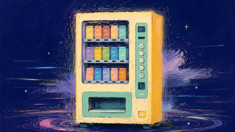 Self-Directed Order An orderly vending machine with distinct choices and a clear delivery opening, representing self-tru