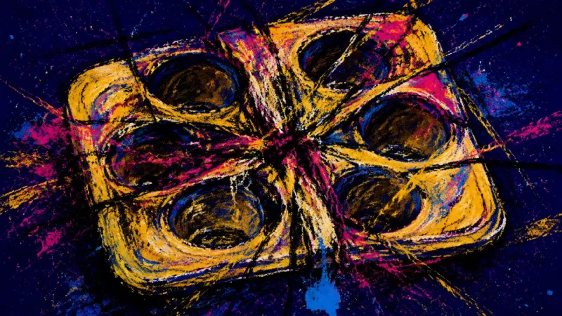 Compartment Collapse An abstract muffin tray crushed into a tangled grid, representing inherited family roles, guilt, and