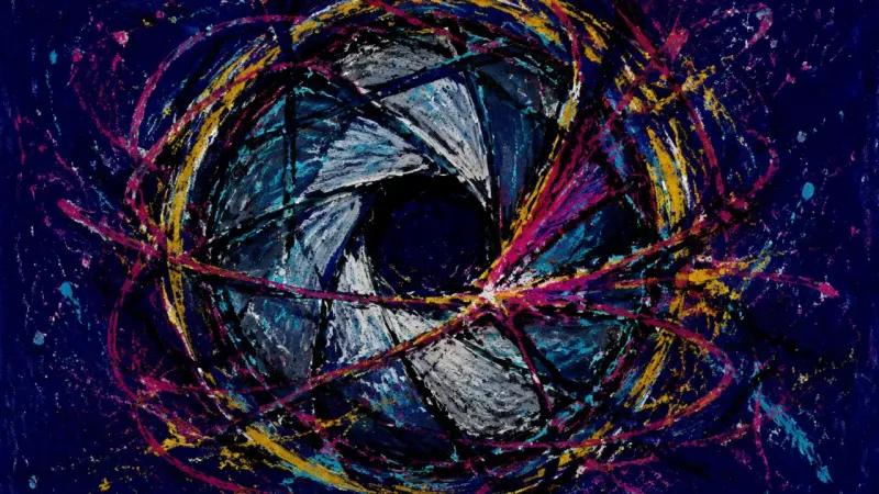 A distorted camera aperture bound by chaotic lines, representing forced progress, compressed urgency