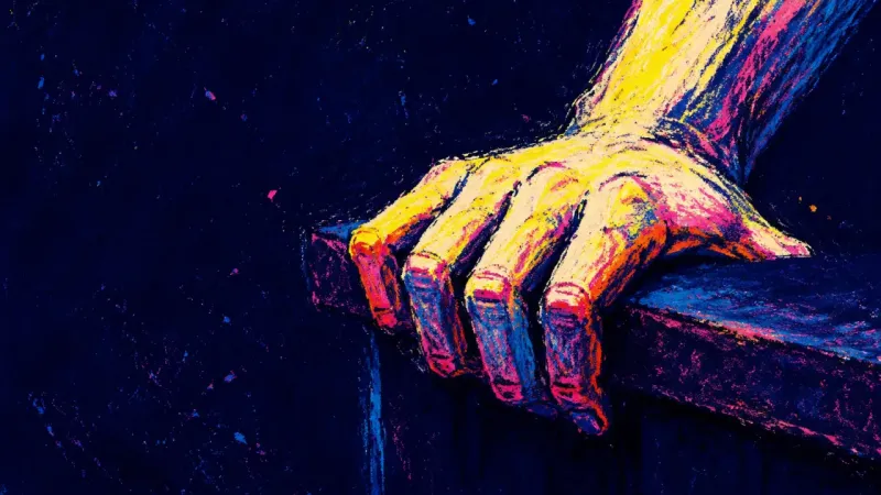 Four fingers hook around a kitchen-table edge, symbolizing the strain of hiding a need while