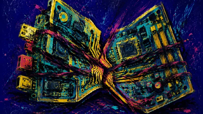 A crushed motherboard represents code ownership stalled by missing context, repeated uncertainty, 