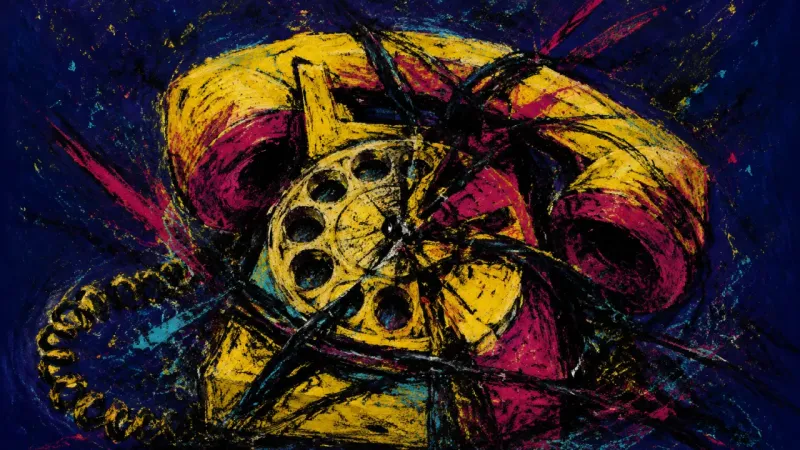 The Strangled Dial A rotary telephone is crushed by tangled lines and its own cord, representing academic isolation and