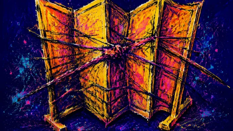 Divider Under Pressure A compressed room divider bound by chaotic lines, representing the anxiety and depletion of being a