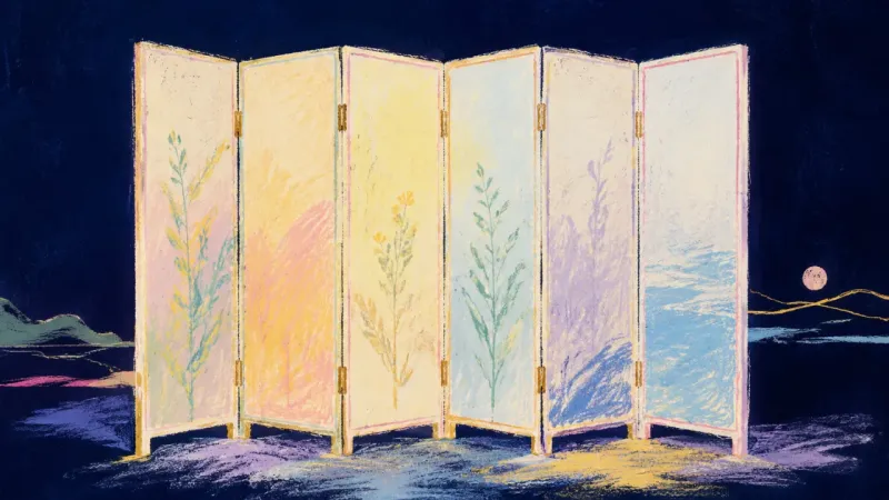 Belonging in Balance A restored room divider with distinct panels, representing caring boundaries, direct repair, andchty