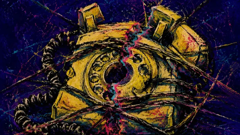 Line Under Verdict A crushed rotary phone tangled through its dial represents automatic guilt, distorted accountability
