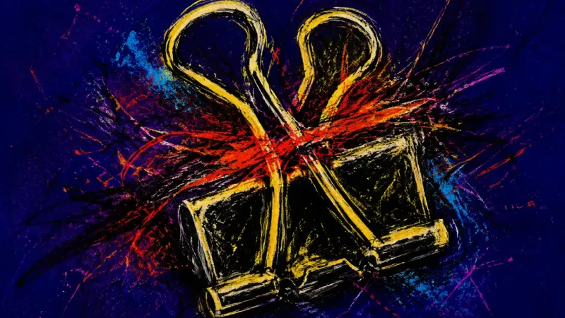 Clamped Composure An abstract binder clip crushed by tangled pressure represents suppressed frustration and fear that