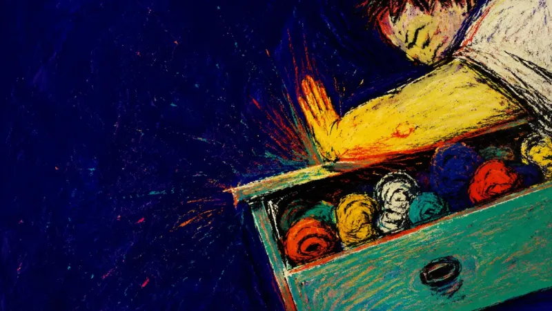 A shoulder forces an overfilled sock drawer shut, symbolizing how rearranging possessions can12