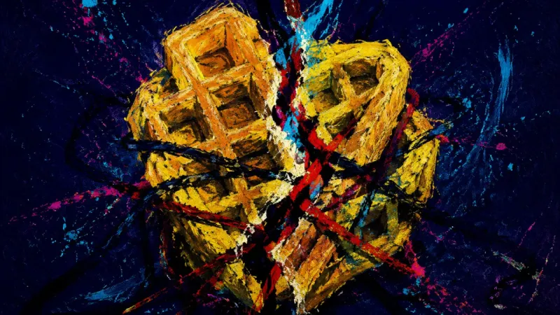 A crushed waffle grid bound by chaotic lines, representing decluttering paralysis and fear of irre