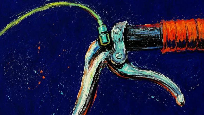 A bicycle brake lever held tight against its handlebar, symbolizing the fear of leaving a stable