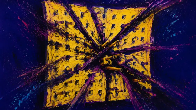 A buckled pegboard crowded into visual disorder, representing the paralysis of preserving comfort