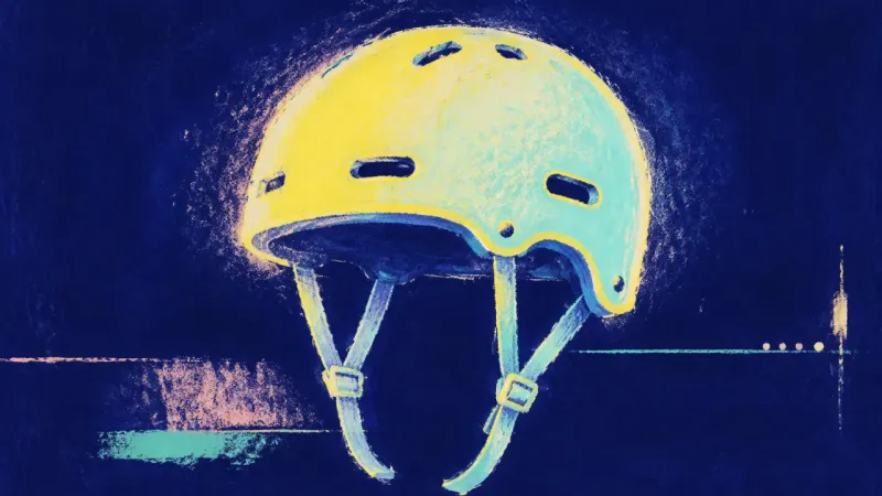 Protection Rebalanced A restored helmet with ordered vents and unknotted straps, representing self-trust built through a safe, reversible career test.