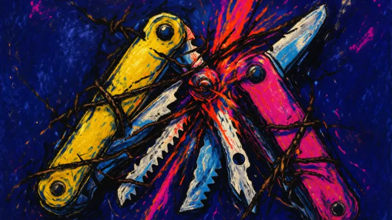 A crushed multitool bound by chaotic lines, representing how self-doubt and course hoarding suppress