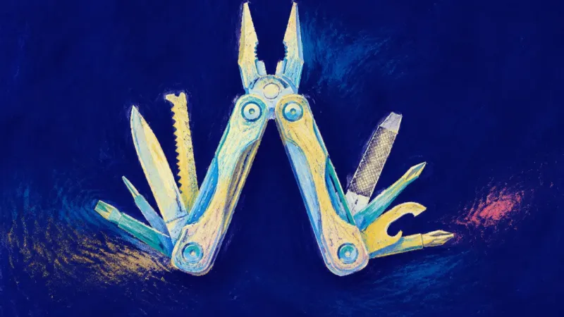 A restored multitool in an ordered open form, representing self-trust built through one imperfect