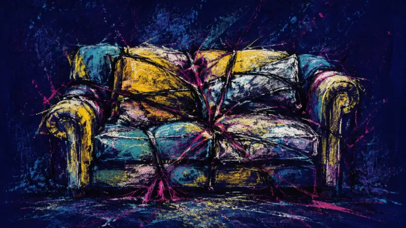 A sectional sofa crushed into one overloaded seat represents family-role lock-in and fear that‌