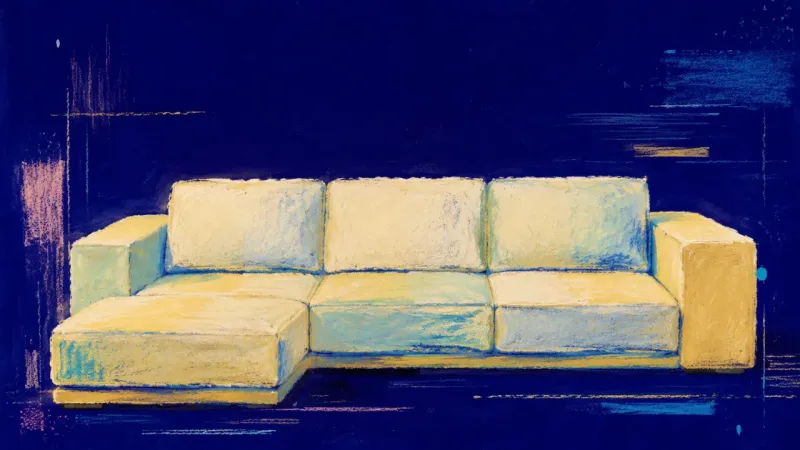 A restored sectional sofa with distinct connected seats represents self-trust, chosen family care,‌
