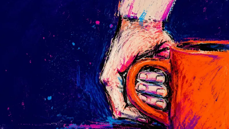 Grip of Acquittal Three fingers lock inside a mug handle as the wrist twists, symbolizing the strain of searching for