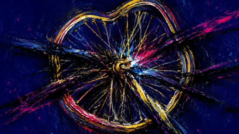 Orbit Under Strain A buckled bicycle wheel trapped in chaotic lines, representing exhaustion and the belief that rest
