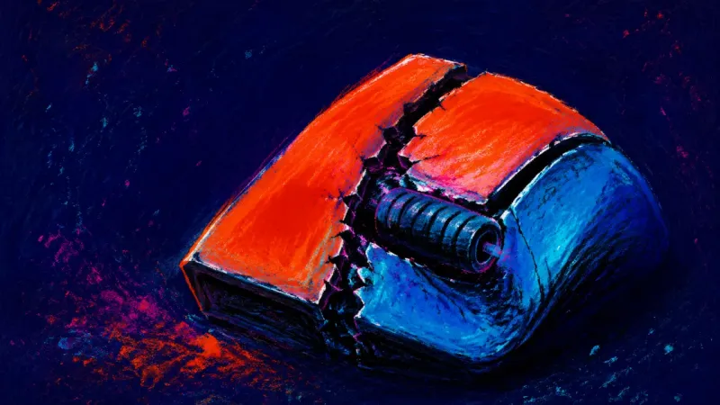 The Default Click A computer mouse crushed around a jammed scroll wheel, symbolizing how automatic team chores displce