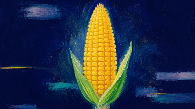 A restored corncob with orderly rows represents capstone anxiety resolving into manageable rough